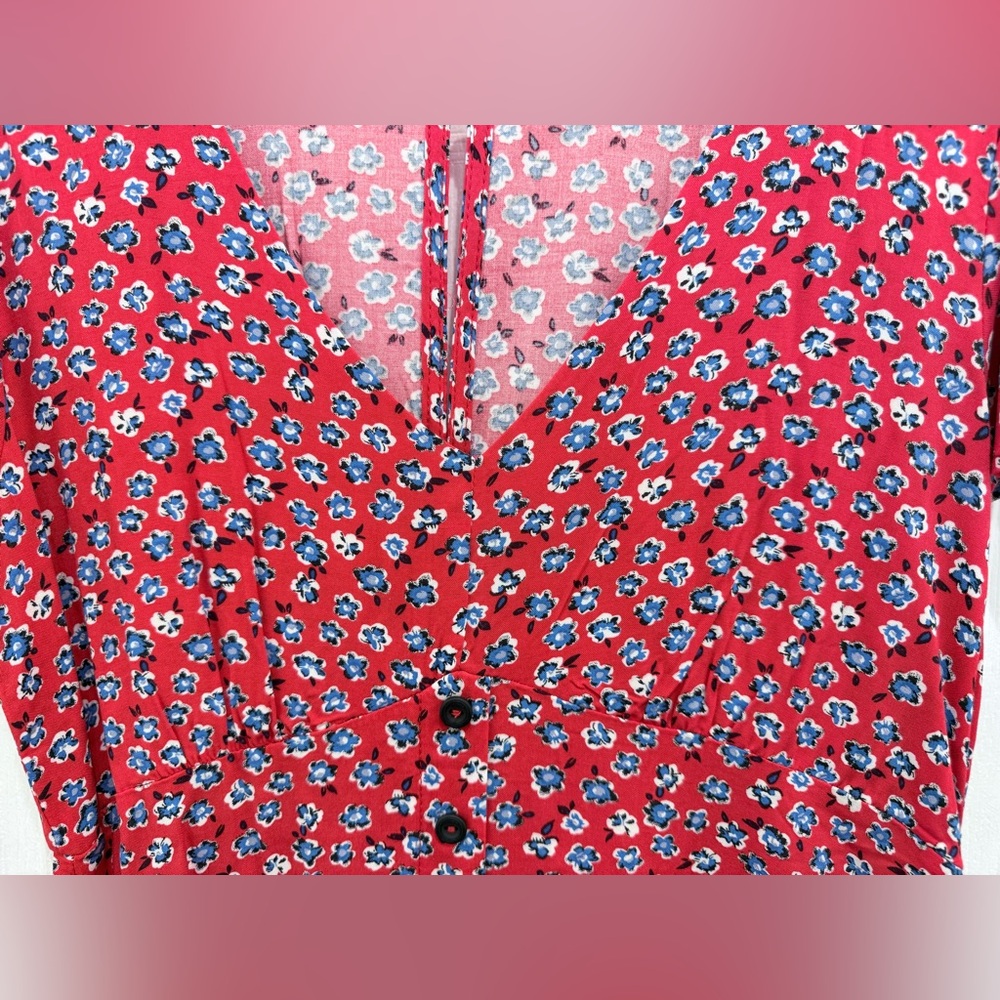 Red Floral V-Neck Midi Dress with Button Front - Picture 4 of 8